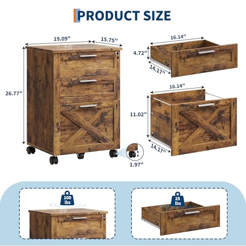 Garvee 3-Drawer Mobile File Cabinet with Lock, Under Desk Storage Drawers