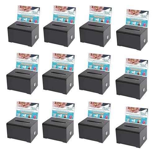 MCB Quality Acrylic like Donation and Suggestion Ballot Box with Lock - Secure and Safe Drawing ticket Box - Great for Business Cards and events (Black 12 pack)