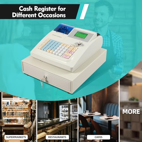 Electronic Cash Register, 48 Keys 35W Cash Register for Small Businesses with with 2.4in/s Printing Speed Cash Management System for Restaurant Supermarket Retail 8-Digits LED Display White