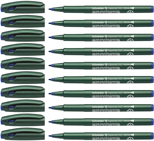 Schneider Topwriter 157 Fiber Tip Pen, 0.8 mm, Green Barrel, Blue Ink, Box of 10 Pens (115703)