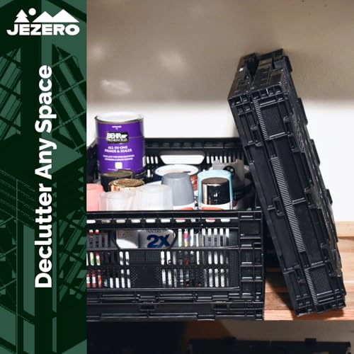 JEZERO Medium 3-Pack Collapsible Plastic Storage Crate – Stackable Utility Bin with Folding Walls for Garage, Closet, Car Trunk, and Home Organization | Black, 24" x 16" x 8"