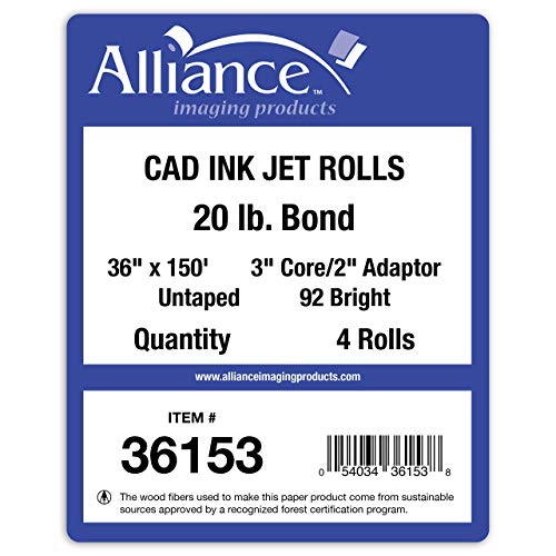 Alliance Wide Format Paper CAD Bond Rolls (20lb | 4 Rolls, 36 In x 150 Ft | 3" Core)