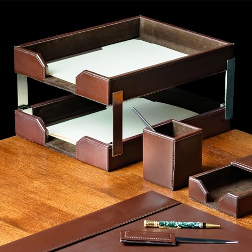 Dacasso Dark Brown Bonded Leather Front-Load Double Letter Tray Set w/Silver Stacking Posts - Luxury Executive Decor and Office Essential - Desk Surface Protector