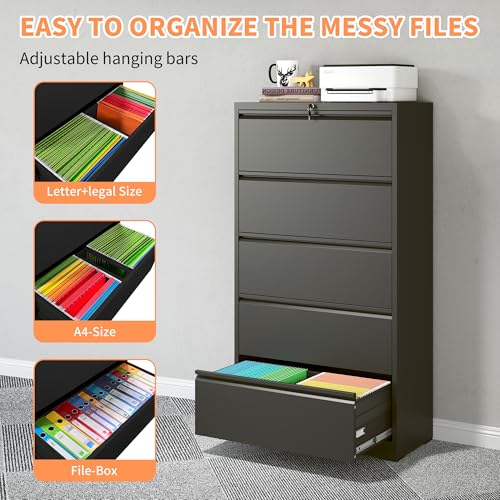 CIATRE 5-Drawer Black/White Metal Lateral File Cabinet with Lock – Heavy-Duty Office Storage, Anti-Tilt Design, Legal/Letter/A4/F4 Compatibility, 550LBS Capacity, Modern Industrial Style (Black)