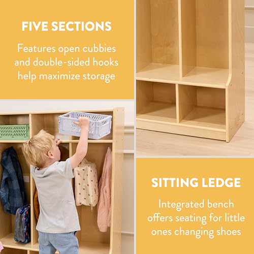 Back2School Express 5-Section Cubby Storage Coat Locker with Bench, Kids Furniture, Natural