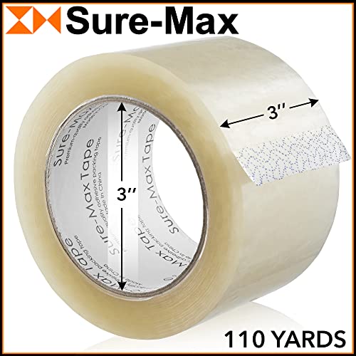 Sure-Max 18 Rolls Extra-Wide Shipping & Packing Tape (3" x 110 yard/330' Each) - Moving & Adhesive Carton Sealing - 2.0mil Clear