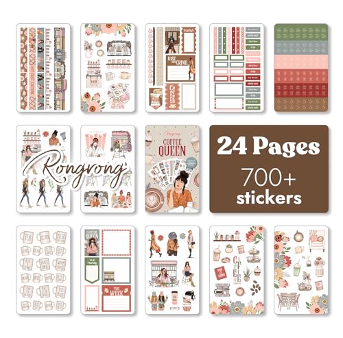 Rongrong Coffee Planner Stickers Book for Planners, Calendars, Journals and Projects – Premium Quality Hand Drawn Perfect for Caffeine Lovers – Scrapbook Accessories – 24 Sheets