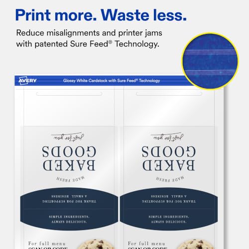 Avery Printable Rectangle Table Tent Cards, 3-3/8" x 3-11/16", Glossy White, Sure Feed Technology, Print-To-The-Edge Capability, Laser/Inkjet Compatible, 50 Total, Ideal for Packaging, and Displays