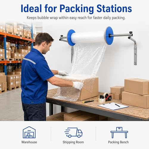 fnotlfue Bubble Wrap Roll Dispenser, Wall-Mounted Packaging Roll Holder, Heavy-Duty Cold-Rolled Steel Cushioning Wrap Rack for Packing, Moving and Shipping 30cm