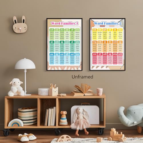 Set of 2 Word Families Posters Canvas, Educational Words Learning Charts for Toddlers 1-3, Kindergarten Nursery Classroom Learning Tools Educational Table for Kids 24x36in Framed