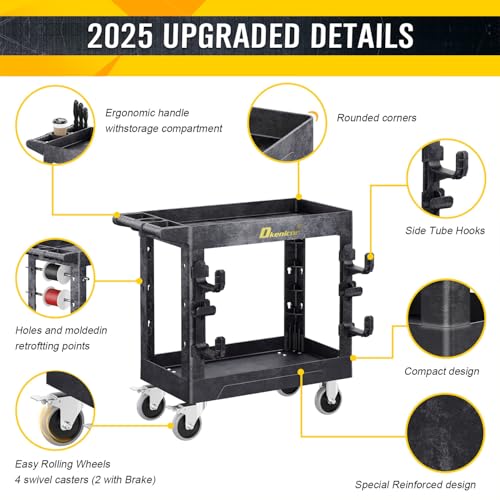 Heavy Duty Plastic Utility Cart 850Lbs, 34" x 17" Rolling Work Cart with Wheels - 2 Tier Service Cart for Warehouse/Garage/Garden - Upgraded 2 Side Tube Hooks, 360° Swivel Lockable Wheels