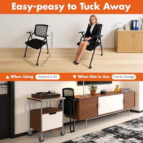 OLKKEFT Office Reception Guest Chair with Tablet & Caster Wheel, Comfortable Conference Room Chairs with Comfortable Handles, Folding Office Chair for Schools, Meeting Rooms, Step Classrooms