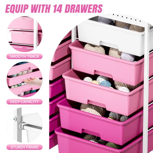 14 Drawer Rolling Storage Cart with Tabletop and Pegboard for Crafts Pink