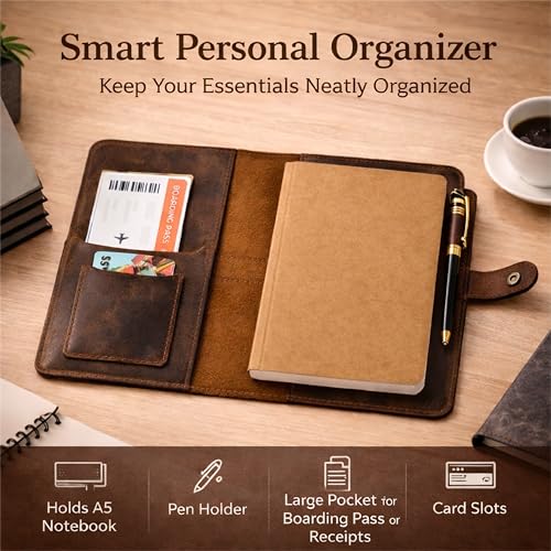 TheAntiq Genuine Leather A5 Journal Cover with Snap Closure – Handmade Refillable Notebook with Card Slots, Pen Holder, Travel Writing Diary for Office & Gift Use 5.75 x 8.25 (Brown)