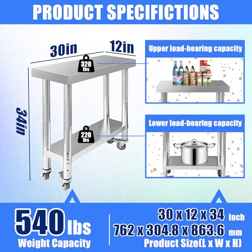 Srehloe Stainless Steel Work Table with 4 Wheels 30 x 12 x 34 Inch Adjustable Metal Commercial Prep Workstation 2-Tier Heavy Duty Mobile Work Station Suitable for Kitchen Restaurant Hotel Garage