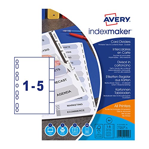Avery 01810061 A4 IndexMaker Punched Card Dividers with Printable Tabs, 5 Part Dividers - White