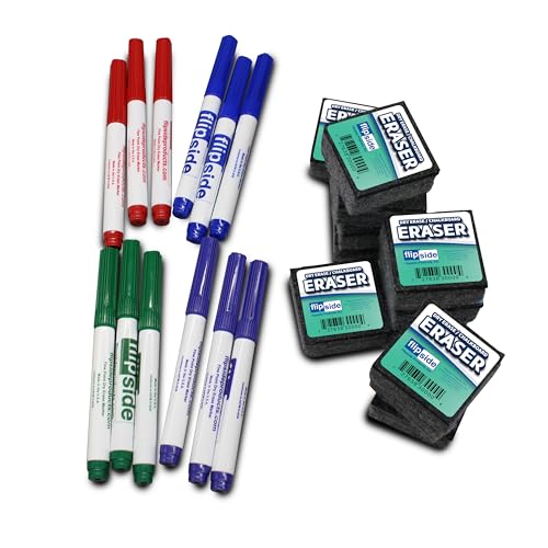 Flipside Products 48 Student Erasers, 48 Colored Dry Erase Markers, Class Pack, Classroom, Small Erasers For Whiteboard And Chalkboard, 96 Total Pack