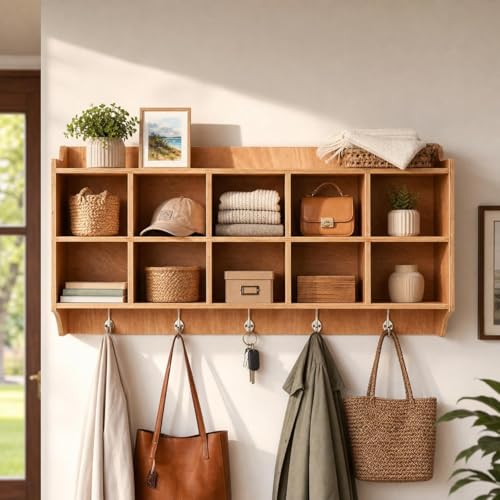 BouPower 47" Wall Mounted 10 Cubbies Storage Organizer with Hooks, Shelf, Wooden Daycare Storage for Classroom School Kindergarten Kids Toys