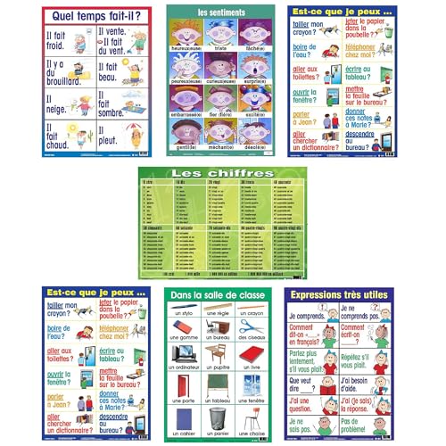 Poster Pals French Educational & Language Teaching Essential Posters, Large Colorful Charts, Classroom Reference and Instruction, FSL, 7 Pack