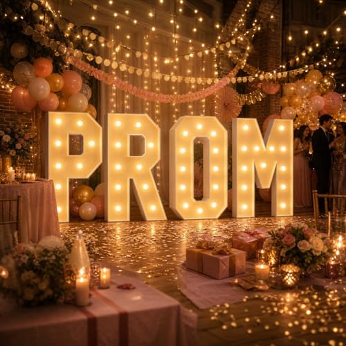 Letters PROM Light Up Mosaic Balloon Frame 2.3FT Marquee LED Pre-Cut Foam Board, Party Backdrop for Anniversary Graduation Decor, 70cm-2.3ft