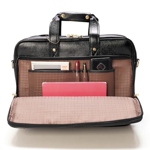 Da leather villa Full Grain Leather Briefcase for Men Top Choice Gifts Laptop Bag Multiple 16'' Compartments Brass Hardware (Black)