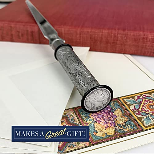 American Coin Treasures Coin Letter Opener & Magnifying Glass Barber Dime- Antiqued Silvertone Brass Handle Gift Set-Genuine United States Coin