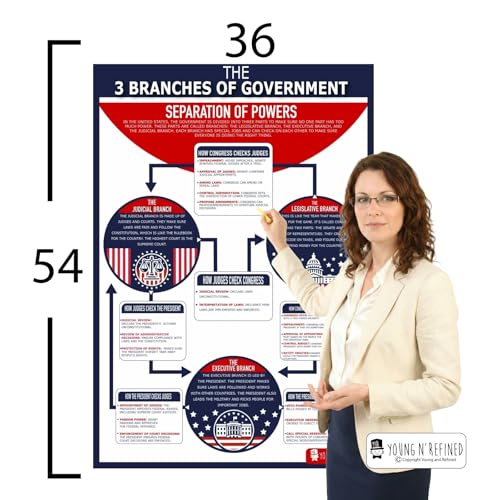 XXL Learning Three Branches of Government chart Plastic poster for classroom clear teaching tool for schools Young N Refined (36x54)