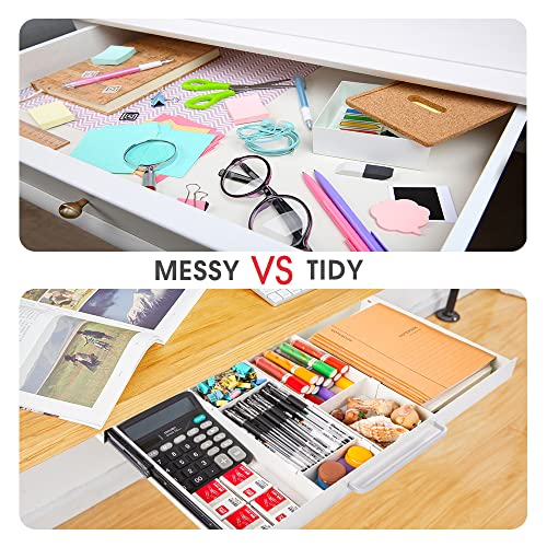 Large Size Under Desk Slide out Pencil Drawer White with Adjustable Space Divider Design for Storing Pencil and Office Accessories, Underdesk Pull out Tray Organizer Mounted for Sit Stand Workstation