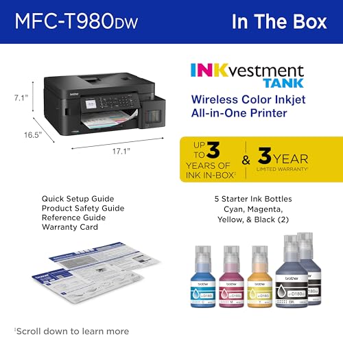 Brother INKvestment Tank 980 Wireless and Ethernet Color Inkjet All-in-One Printer with Multipurpose Tray | Includes up to 3 Years of Ink in-Box(1) and Limited Warranty(2) (MFC-T980DW)