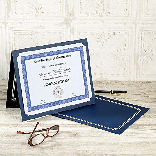 Classic Blue & Silver Certificate Folders - Pack of 50, Linen Cover 80 lb. Stock, Folded, Die-Cut Corners, for Office, Business Awards, Graduation, School Diploma Holder, 9-1/2 x 12\