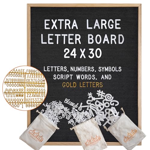 Black Felt Letter Board Oak Frame 24x30 Inch with Gold Letters, Back to School Big Felt Board, Large Menu Message Signboard