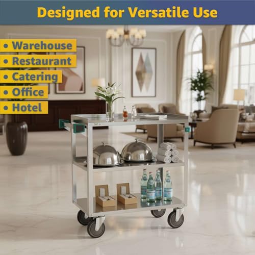 19" x 30.5" Commercial Stainless Steel Utility Cart NSF - Three Shelf Rolling Service Cart with Handle and 5" Casters - 300 lb Capacity, Rolling Cart for Warehouse and Restaurant