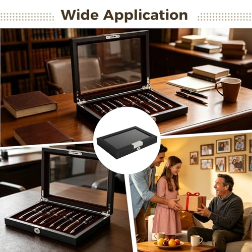 FELISTORY 12-Slot Wooden Fountain Pen Case, Elegant Velvet Lined Pen Display Case with Secure Lock & Clear Lid, 12.6 x 8.7 x 1.8 in for Fountain Pens, Executive Pens, Black