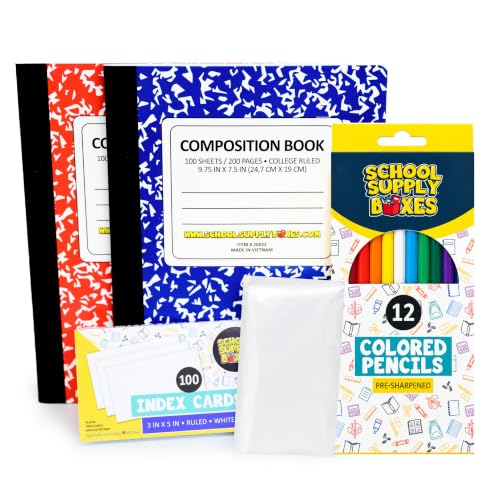 Secondary School Essentials Bundle | 1 Box - 51 Pieces per Box | School Supply Boxes - Back to School Essentials Includes Folders, Notebooks, 1" Binder, Mechanical Pencils, Index Cards, Highlighters, & Pens