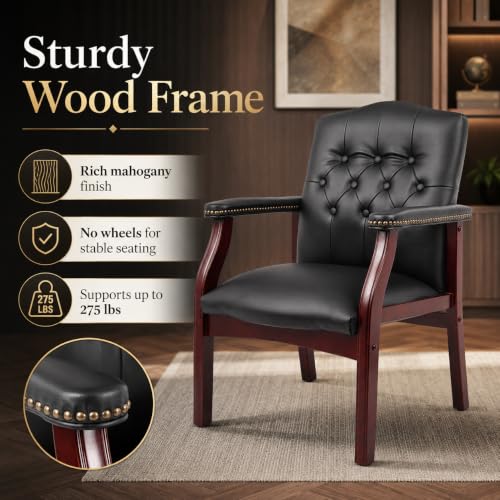 WDYLWFHW Leather Office Reception Guest Chairs, Ergonomic Office Executive Side Chair, Mid-Back Waiting Room Conference Office Guest Lobby Chairs with Padded Seat and Arms,No Wheels,1 PC(Black)