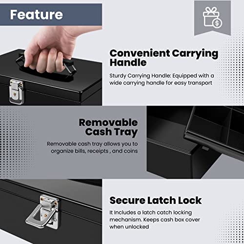 Flexzion Cash Box with Money Tray, Latch Lock, 11 x 7.7 x 3.5 Inch, Black