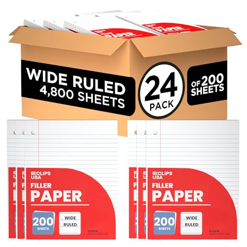 Wide Ruled Loose Leaf Paper Wide Ruled Notebook Paper Lined Writing Filler Paper 10.5” x 8” 56 gsm 4800 Sheets 200 Sheet Per Pack (24 Pack)