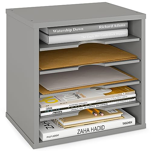 Ballucci 5-Tier File Organizer for Desk, Wooden Mail Sorter, Office Desk Organization, Paper Storage Organizers, Folder Holder for Desk, Letter Trays & Stacking Supports, Gray