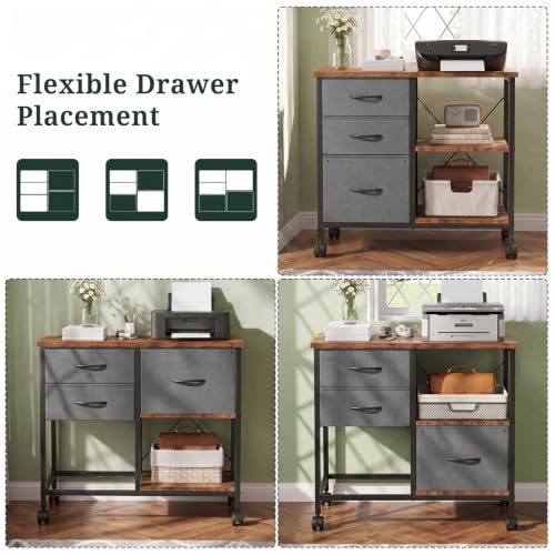 3-Drawer Lateral File Cabinet, Printer Stand with Open Shelves, Brown