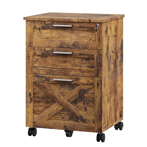 TrailBlaze Secure 3-Drawer Wood File Cabinet with Lock – Mobile Under Desk Filing Cabinet, Compact Storage Organizer, Fits Letter/Legal/A4, Rolling Cabinet with Wheels – Classic Color
