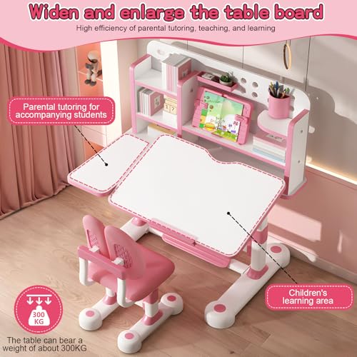 Kid's Study Desk and Chair Set, Height Adjustable Children's Desk with 50-Degree Tiltable Desktop, Bookshelf & Storage Drawer, Ergonomic Study Table Set for Bedroom (Pink)