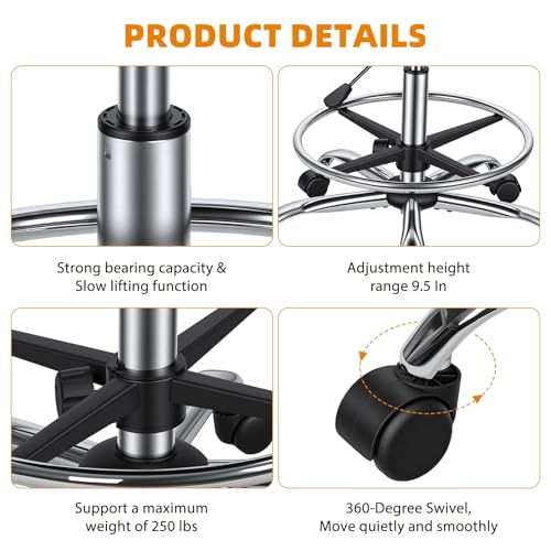 Drafting Stool with Backrest, Height Adjustable Office Desk Chair, Faux Leather Swivel Round Rolling Stool with Adjustable Foot Rest for Office Spa Studio Lab Counter Salon Home Work Bar Kitchen Sho