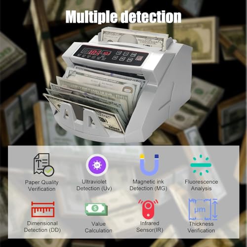 Awjaisca Advanced Money Counter Machine with UV/MG/IR Counterfeit Detection,LCD Display, Add & Batch Modes - Accurate Value Count & Mix Denomination for Bank & Supermarket Use White