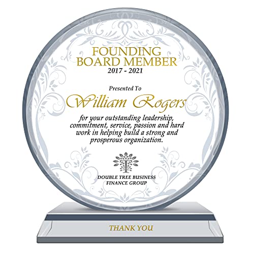 Extra-thick 6” Personalized Appreciation Gift Plaque for Happy Retirement Boss, Employee, Pastor, Pure K9 Crystal Clear Glass Circle Award with custom Name and Company LOGO (S - 6")