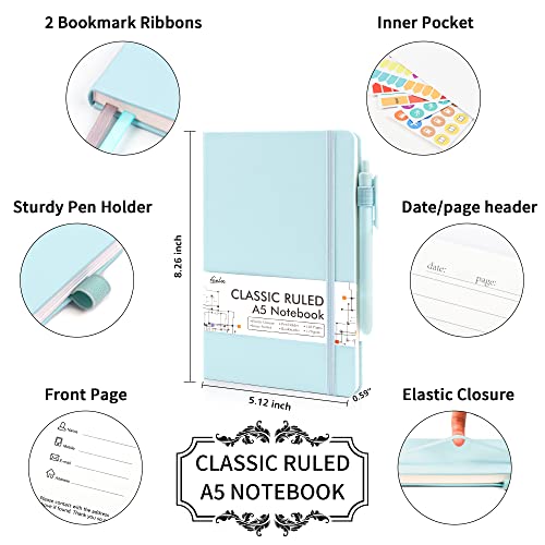 feela 24 Pack Journal Notebook Bulk for Work, Business Notebook Hardcover Lined Writing Journal with Pen Holder for Students Women Note Taking, with 24 Black Pens, 120 GSM, 5.1”x8.3”, A5, Sky Blue