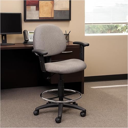 Benzara Jea Drafting Stool Chair, Adjustable, Gray Tweed, Round Footring