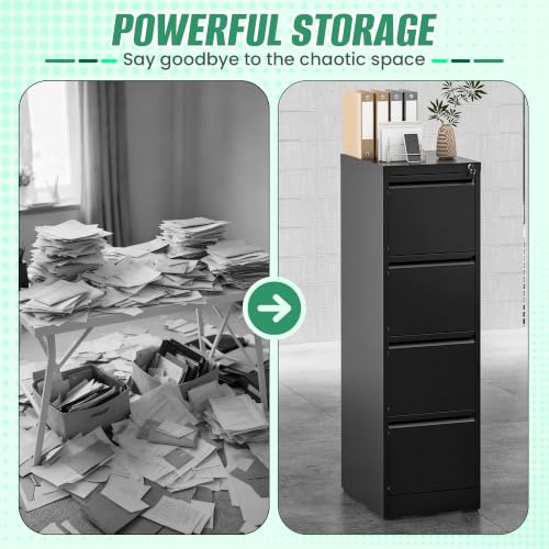 VIYET File Cabinet 4 Drawer with Lock, Vertical Filing Cabinets for Home Office, Metal Steel Storage Cabinet for Letter/Legal Size File, Assembly Required(Black)