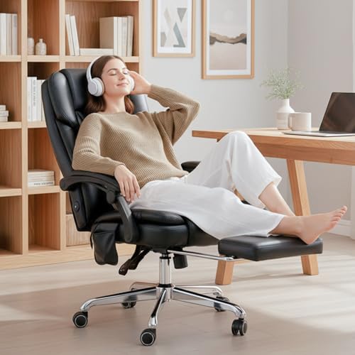 Massage Office Chair with Footrest, High Back Executive Chair, Ergonomic Desk Chair with Removable Pillow, 2 Lumbar Massage Points, Reclining, Leather Computer Chair, Black, Set of 2