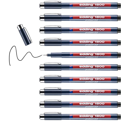 Edding 1800 profipen - black - 10 pens - line width 0.35 mm - fineliner pen for precise writing, sketching and technical drawing - fine, metal-encased nib - suitable for use with rulers and stencils