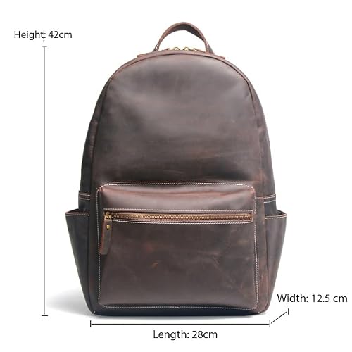 YMGSCC Men's Retro Dark Brown Travel Backpack Made of Genuine Leather for Carrying A Computer